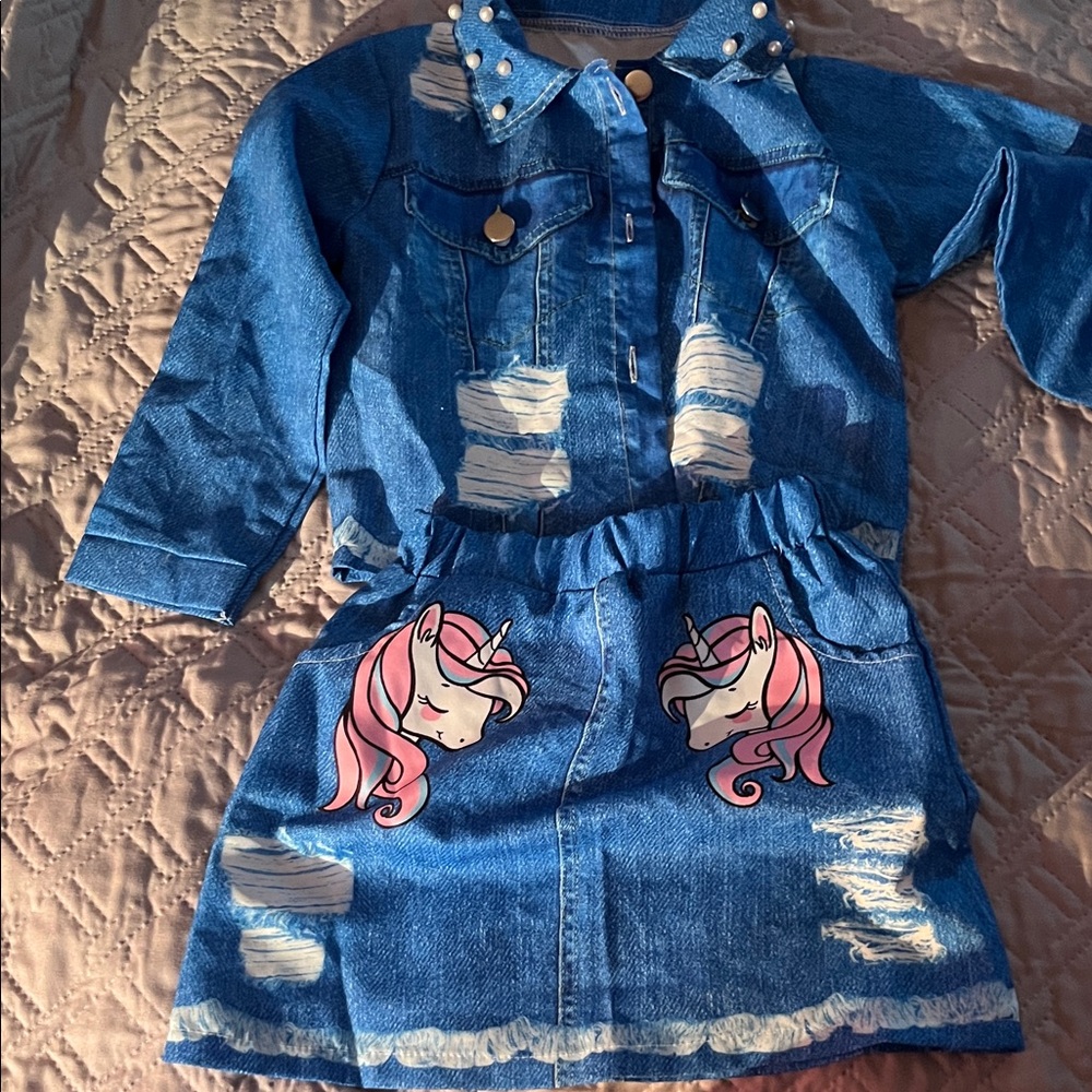 Denim like Jacket and Skirt Set with Unicorn Design